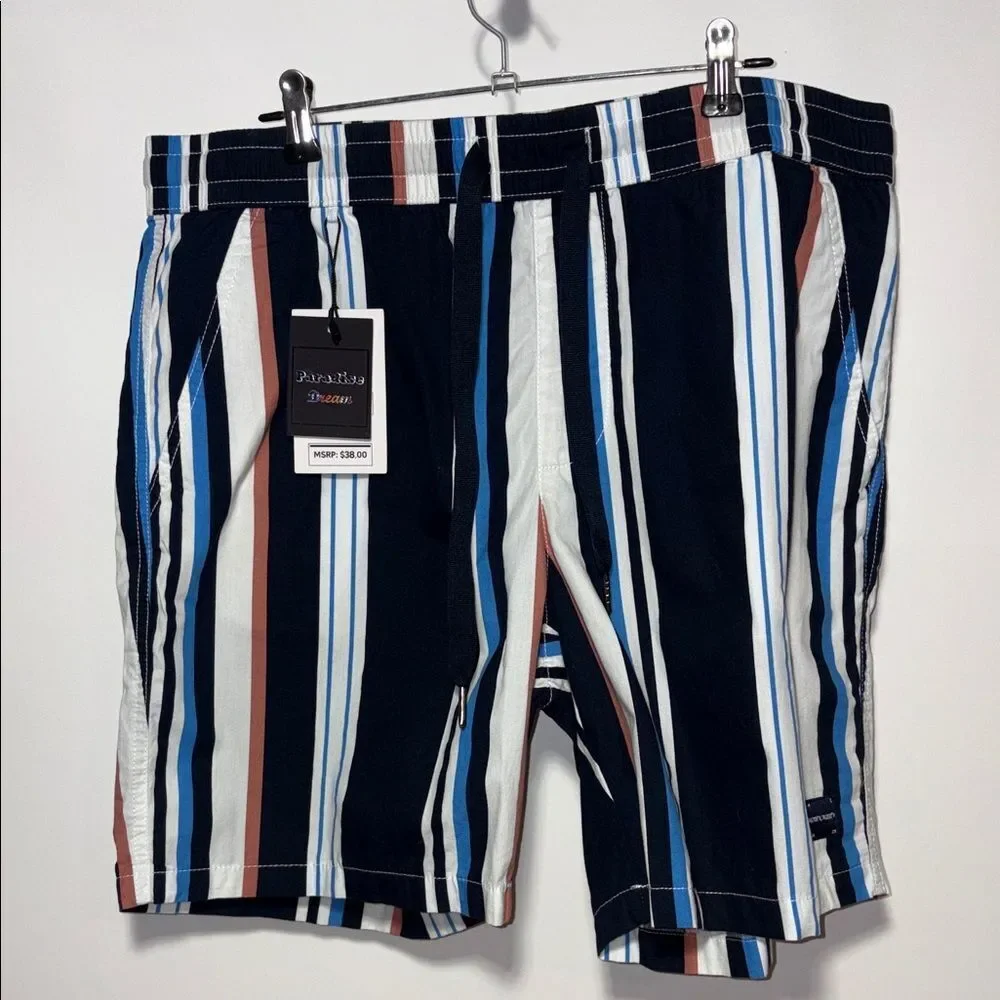 Denim & Flower Men's Striped Board Shorts - Blue, White, Brown